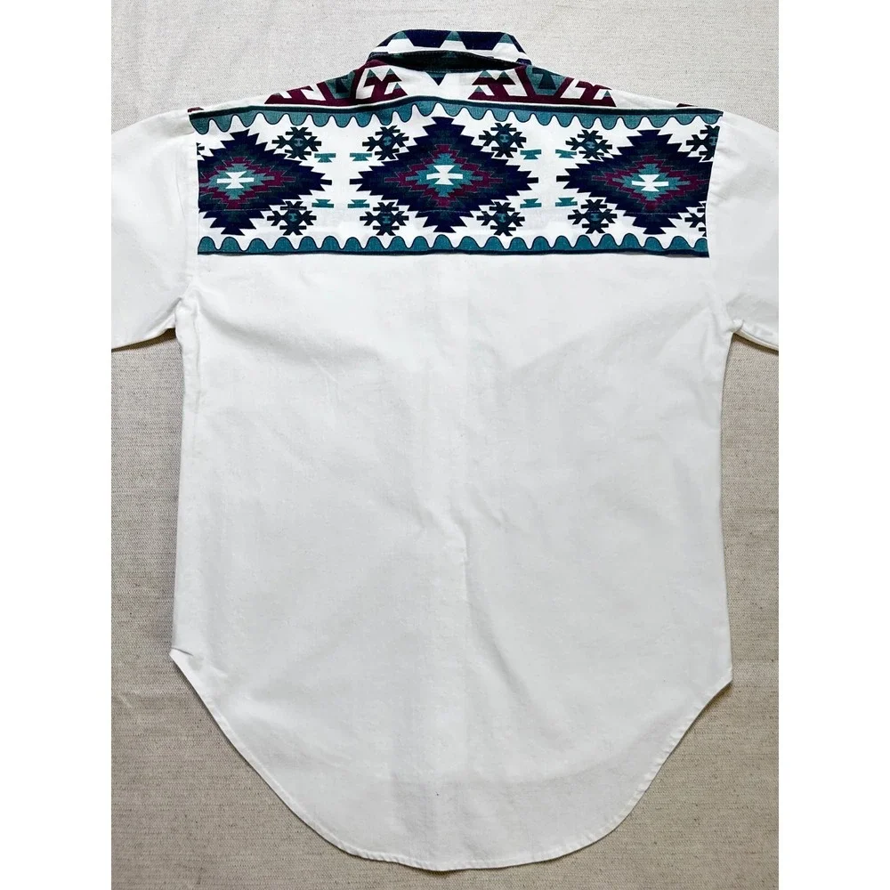 Vintage Banjo Southwestern Western Shirt Men's M White Aztec Snap Front USA Made